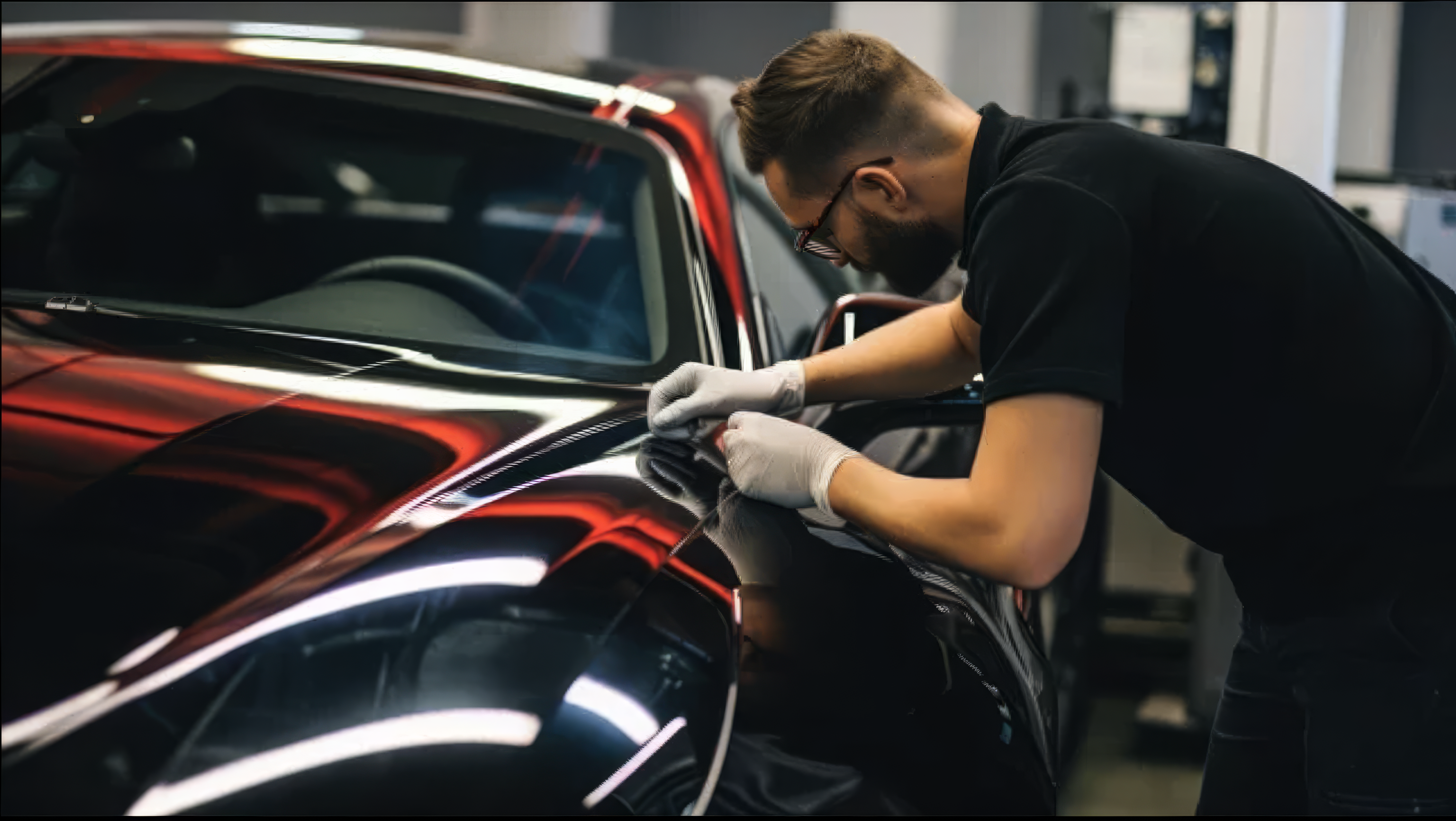 Window tint technician applying film Koreatown Los Angeles