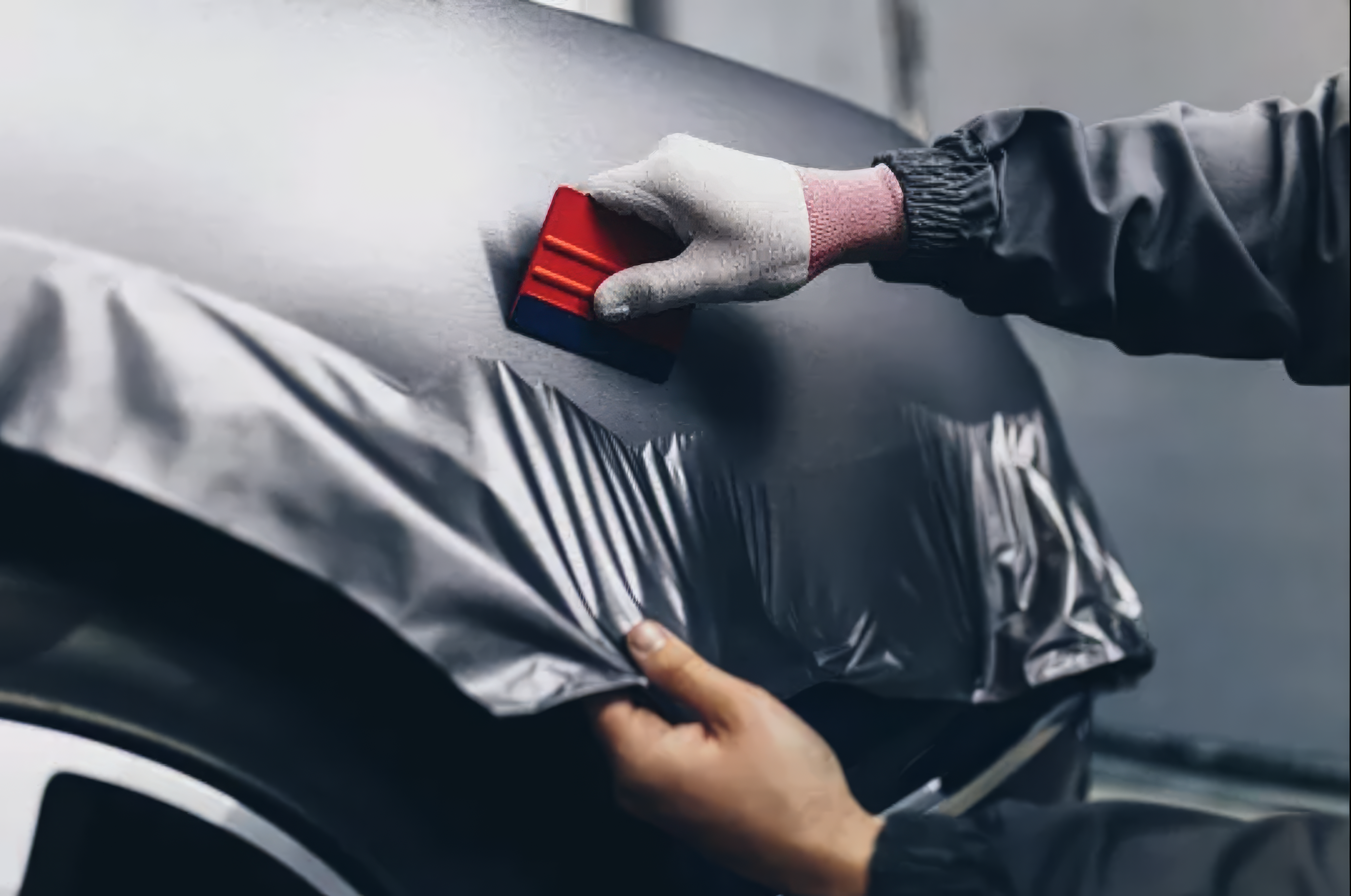 Technician applying matte vehicle wrap Los Angeles Koreatown Western Auto Glass and Tire